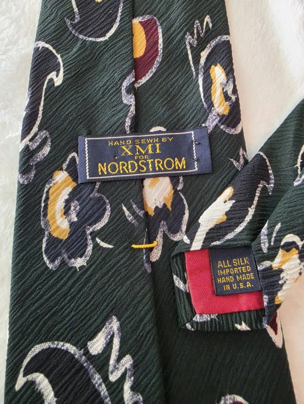 Mens Nordstrom Green Tie with Yellow and Burgundy Floral Motif Necktie